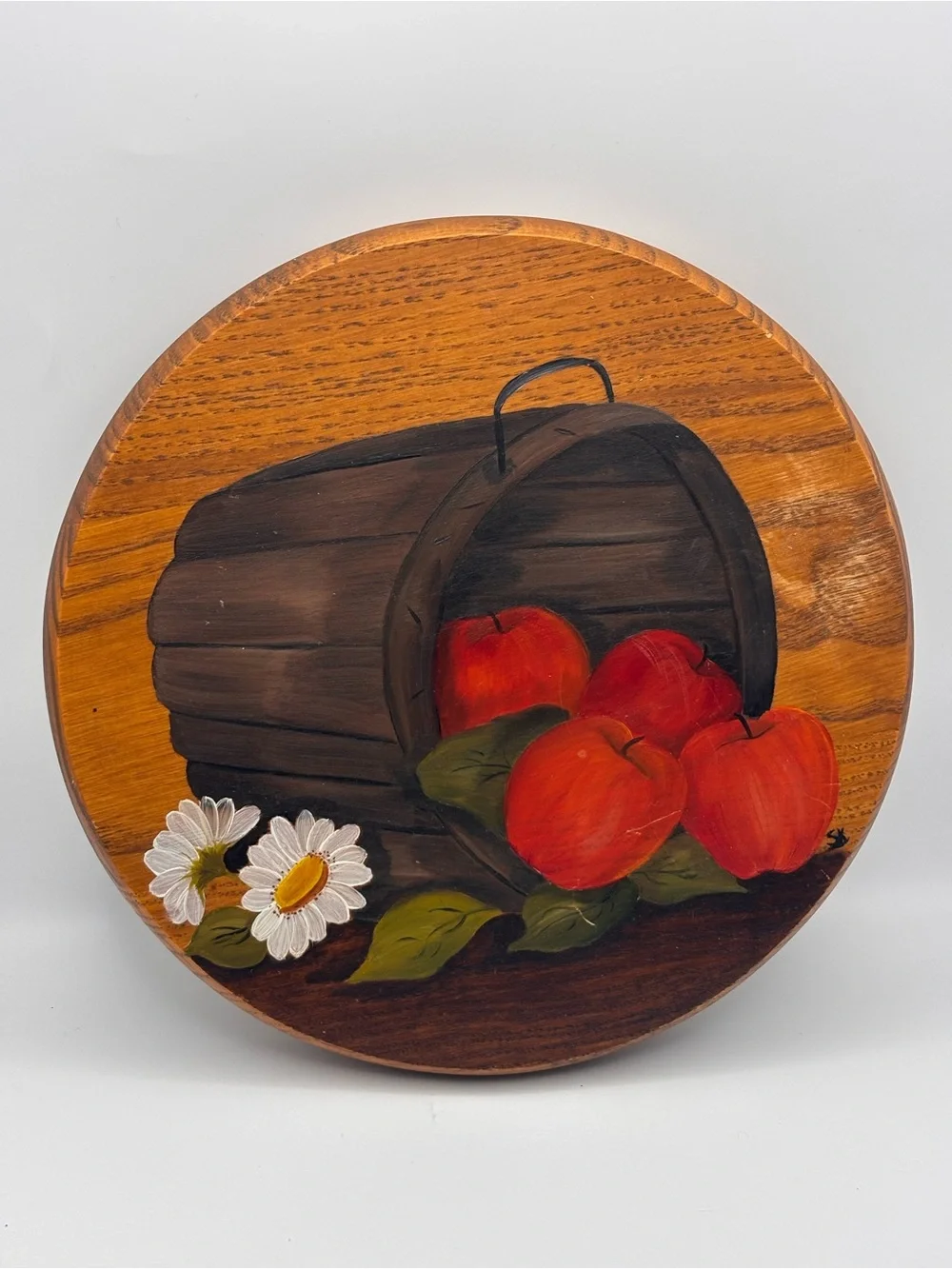 Vintage Hand-Painted Round Wooden Wall Plaque, Red Apples in Wooden Barrel